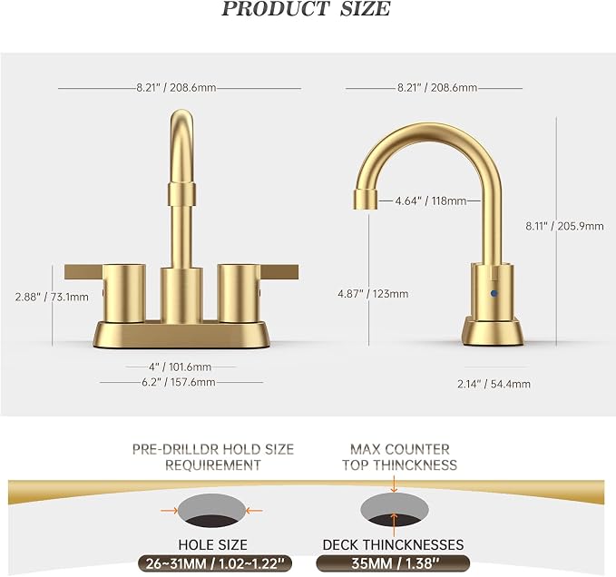 Phiestina Brushed Gold 4 Inch 2 Handle Centerset Lead-Free Bathroom Faucet 2 - Image 6
