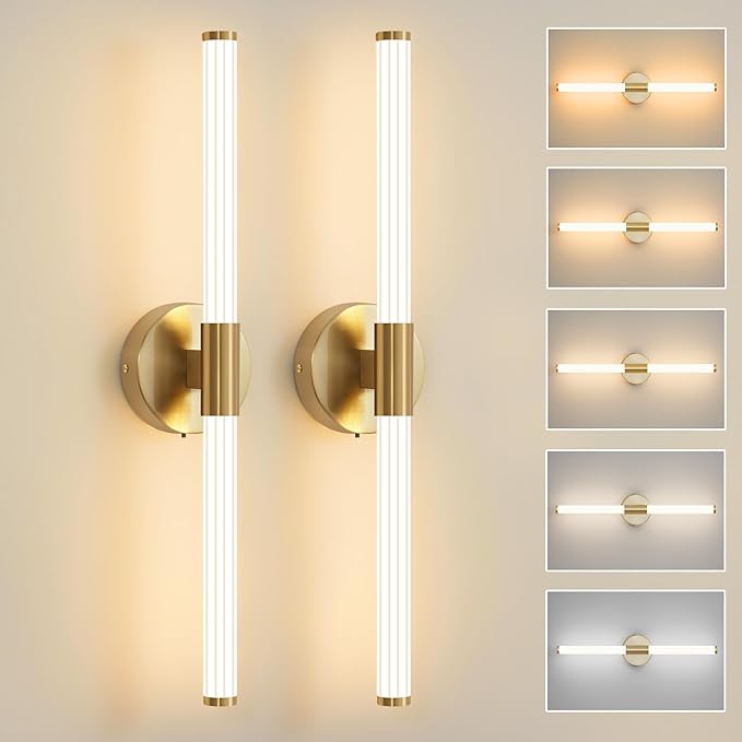Gold Wall Sconces Set of Two Hardwired, Dimmable 5CCT LED Bathroom Light by Gednbo