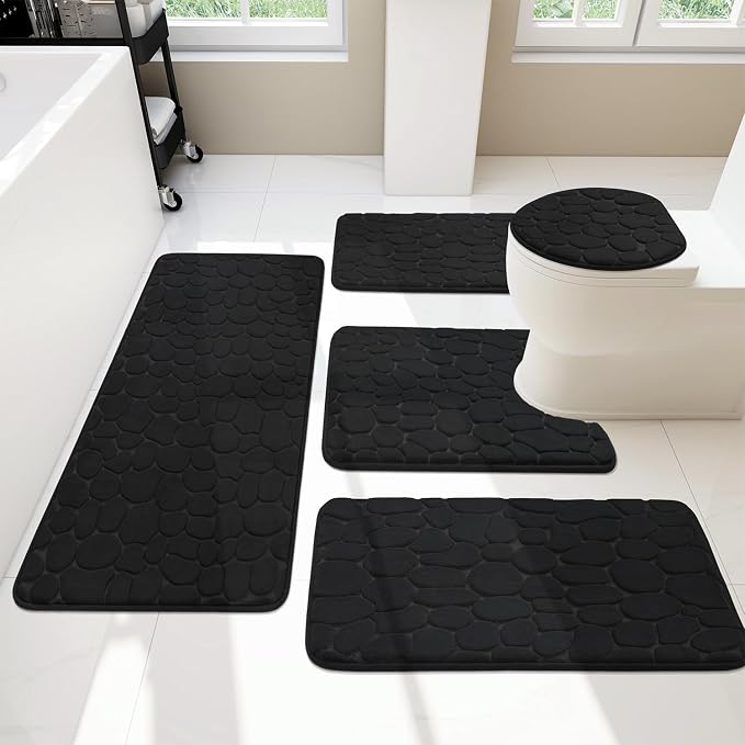 YIHOUSE Bathroom Rugs Mat Set 5 Piece Black, Memory Foam Bath Mats Sets by YIHOUSE