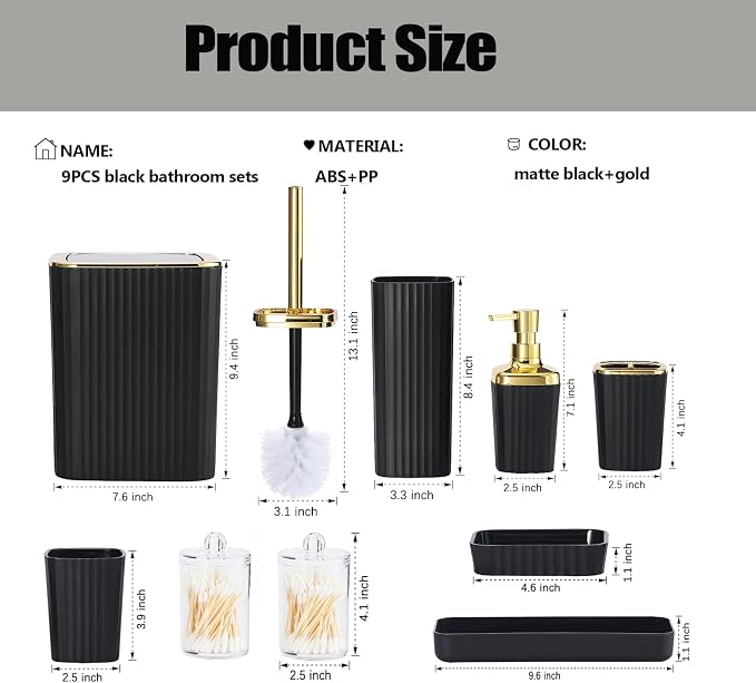 Black Bathroom Accessories Set, 9 Piece Black Bathroom Accessory Set - Image 3