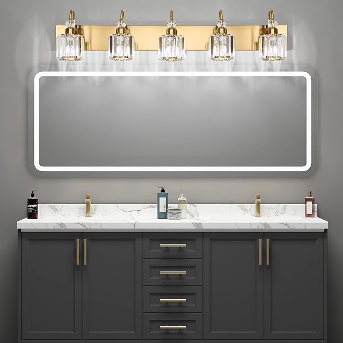 Ralbay Crystal Vanity Lights 5-Lights Brass Gold Over Mirror Modern Bathroom - Image 3