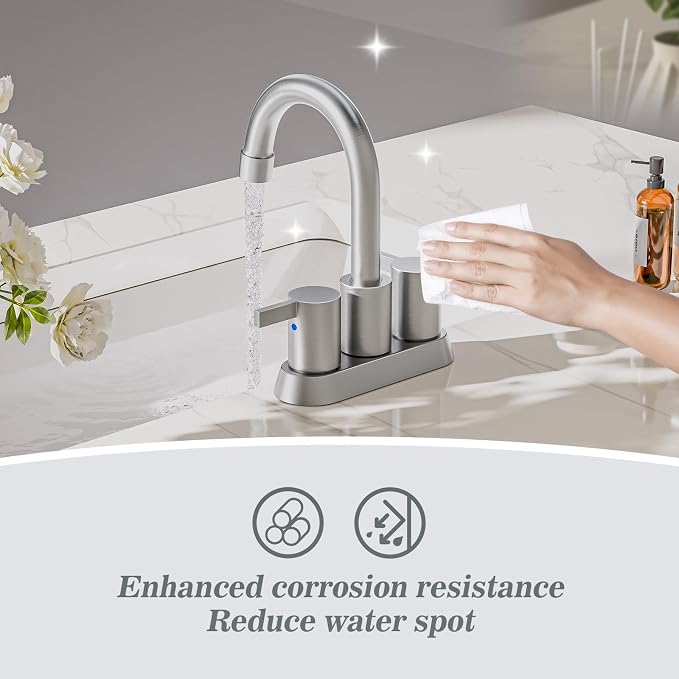 Phiestina Brushed Nickel 4 Inch 2 Handle Centerset Lead-Free Bathroom Sink - Image 5