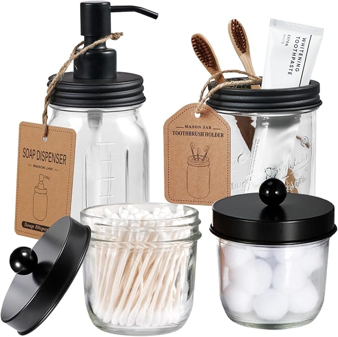 Amolliar Mason Jar Bathroom Accessories Set -Lotion Soap Dispenser &Cotton Swab by Amolliar