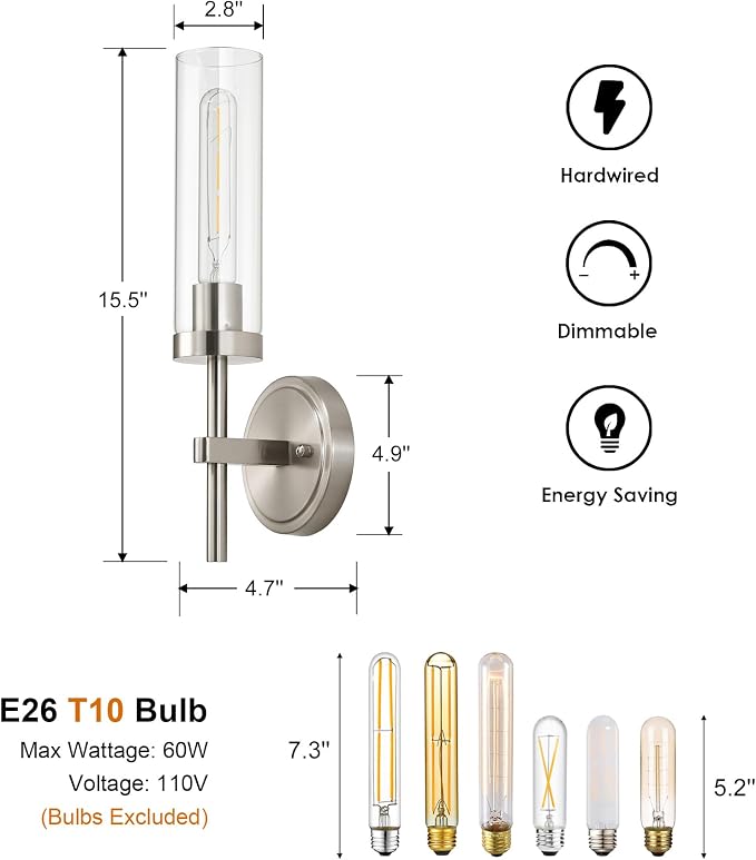 Brushed Nickel Hardwired Wall Sconces Set of 2, Modern Bathroom Sconces Vanity - Image 4