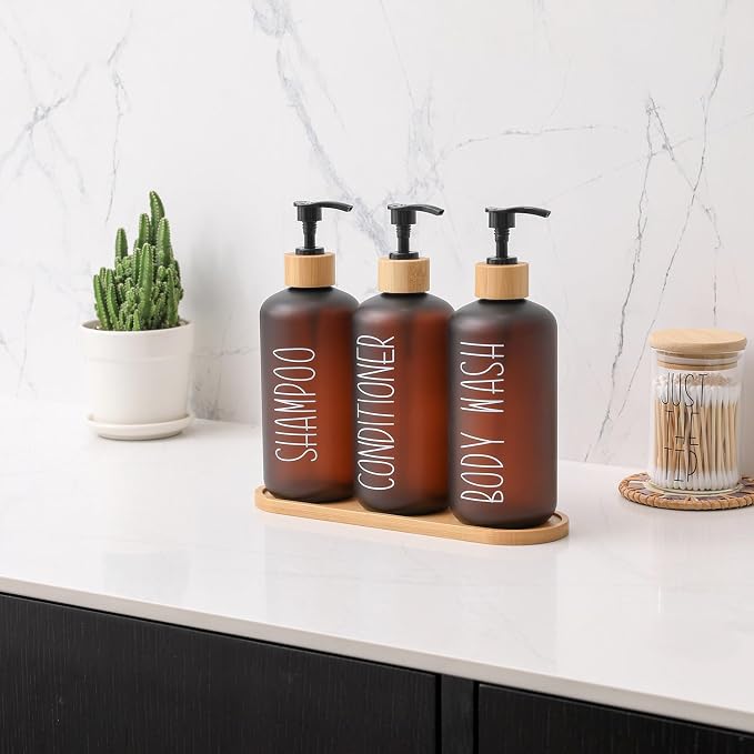 MOMEEMO Amber Shower Dispenser Set, Contains 3 Extra-Thick PET Plastic Bottles - Image 4
