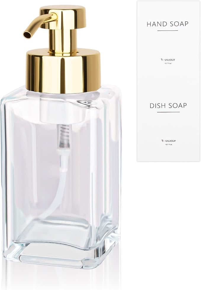 Foaming Soap Dispenser with Stainless Steel Pump, 12oz Refillable Glass Liquid by UUJOLY