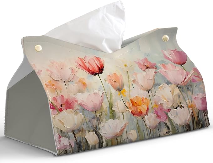 Spring Floral Leather Tissue Box Cover Rectangle, Tulip Flower Toilet Paper Box by PaJiaNi