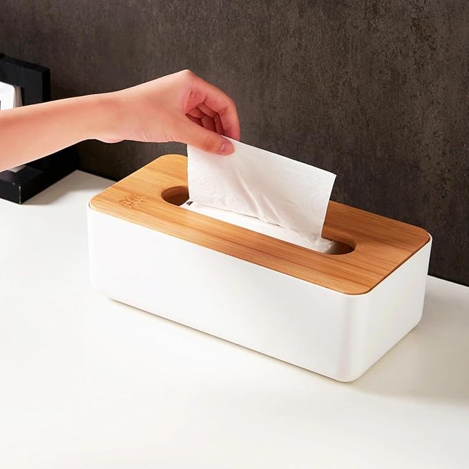 Tissue Box with Bamboo Cover, Plastic Tissue Organizer, Bathroom Tissue - Image 3