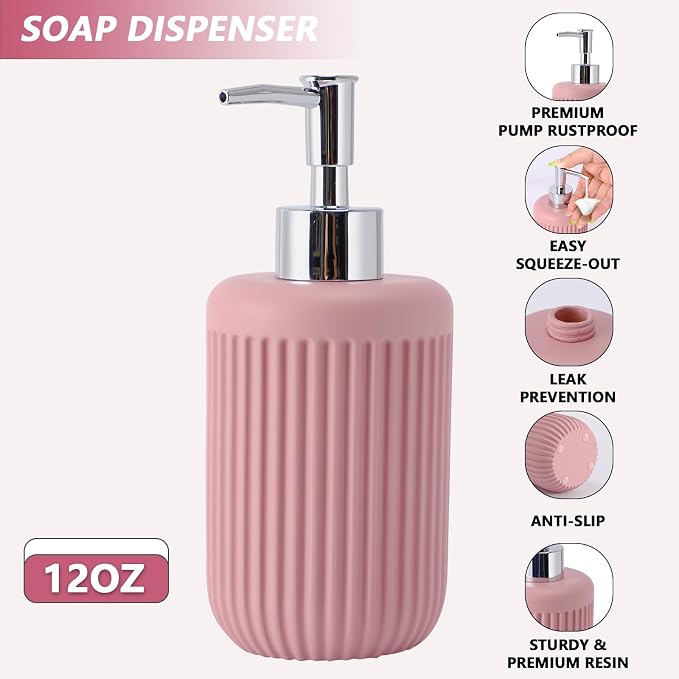 Resin Pink Bathroom Accessories Set 5 Pcs, Lotion Soap Dispenser, Toothbrush - Image 3