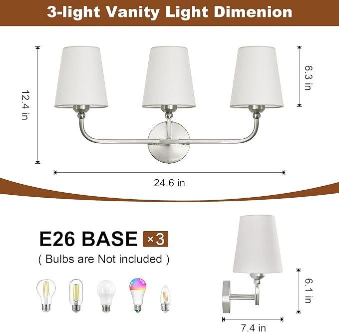Bathroom Vanity Light, Brushed Nickel Bathroom Light Fixtures, 3-Light Lighting - Image 2