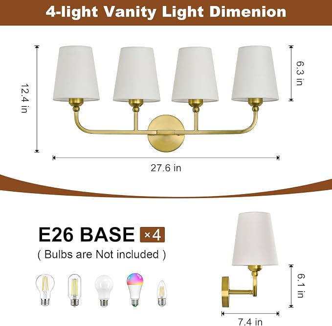 Bathroom Vanity Light, Brushed Gold Bathroom Light Fixtures, 4-Light Lighting - Image 3