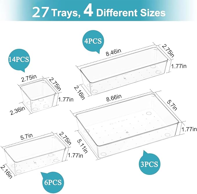 27 Pack Clear Plastic Drawer Organizer Set - Image 3