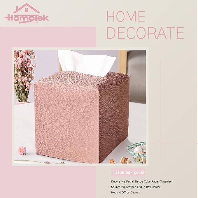 HOMOTEK 2 Pack Tissue Box Cover, Square PU Leather Tissue Holder, Decorative - Image 5