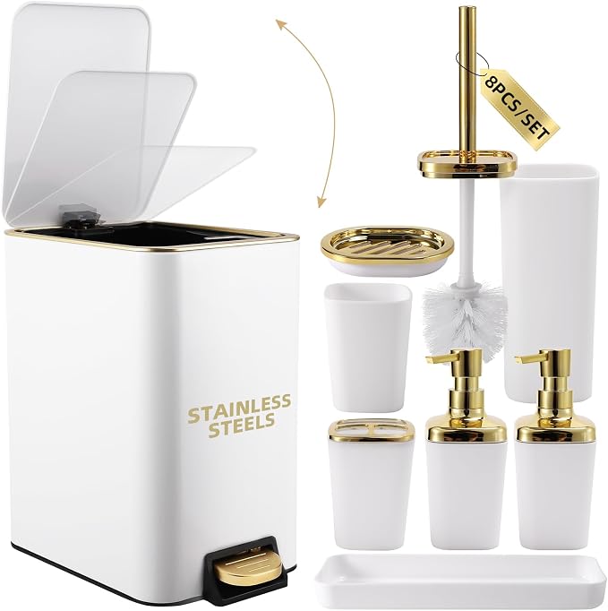 White Bathroom Accessories Set 8 Piece White and Gold Bathroom Set, Bathroom by BetterbathroomwithXLHOME