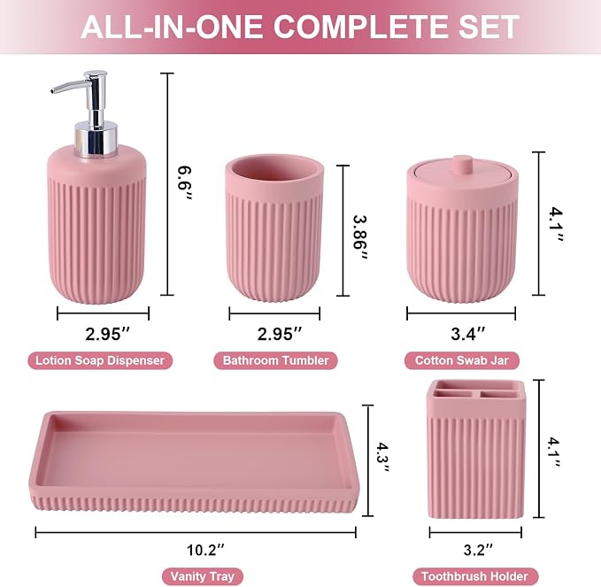 Resin Pink Bathroom Accessories Set 5 Pcs, Lotion Soap Dispenser, Toothbrush - Image 2