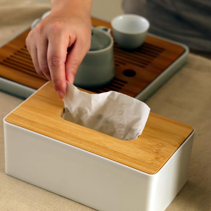 Tissue Box with Bamboo Cover, Plastic Tissue Organizer, Bathroom Tissue - Image 8