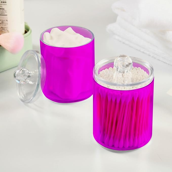 Magenta Purple Qtip Holder Organizer Dispenser Cotton Swabs Cans Plastic Jars - Image 5