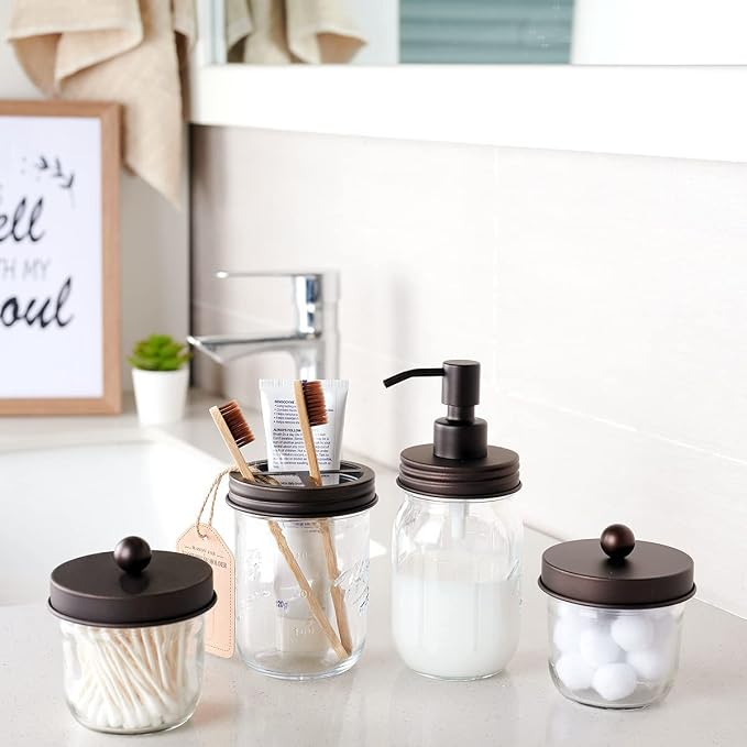 Amolliar Mason Jar Bathroom Accessories Set -Bronze-Lotion Soap Dispenser&Qtip - Image 6