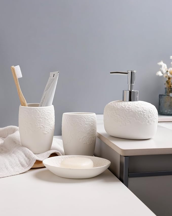 Bathroom Accessories Set with Embossed Design 4PCS, Ceramic White Bathroom - Image 8