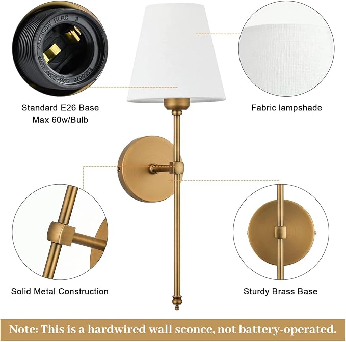 Bsmathom Wall Sconces Sets of 2, Hardwired Classic Brushed Brass Sconces Wall - Image 2