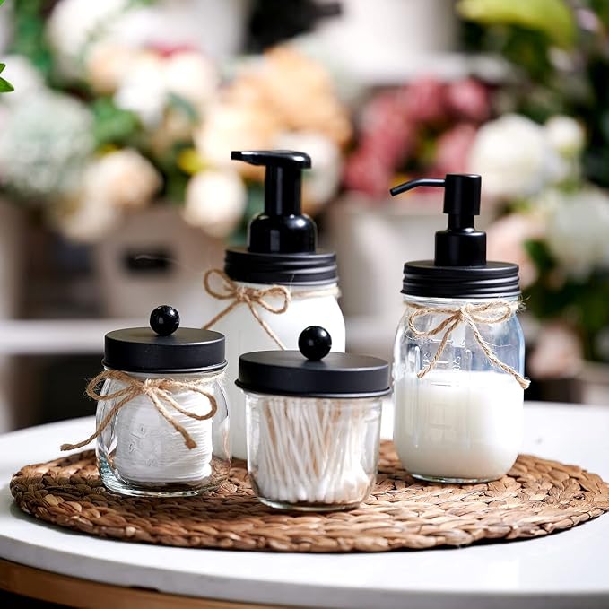 Amolliar Mason Jar Bathroom Accessories Set -Lotion Soap Dispenser &Cotton Swab - Image 7