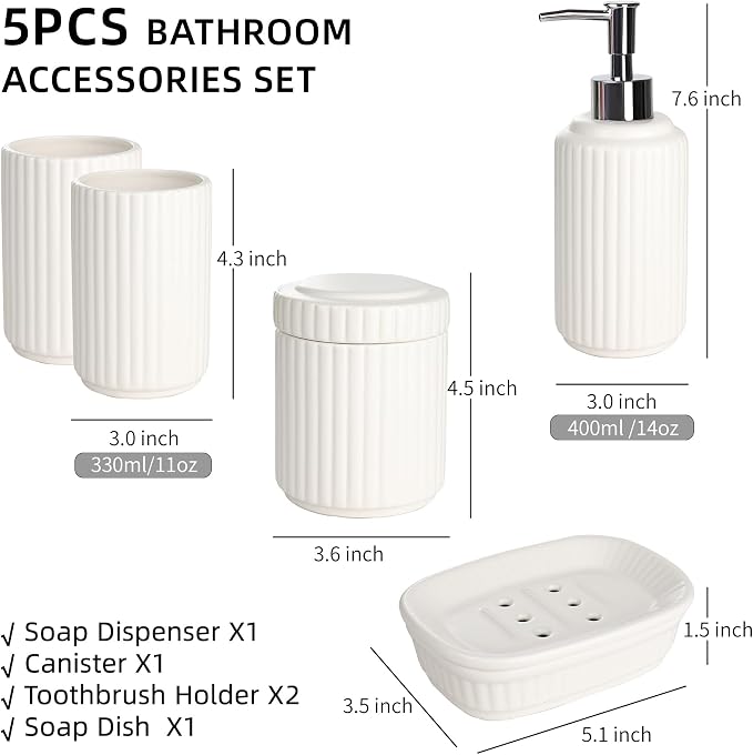 White Bathroom Accessory Set 5PCS, Ceramic Bathroom Accessories Set, Classic - Image 2