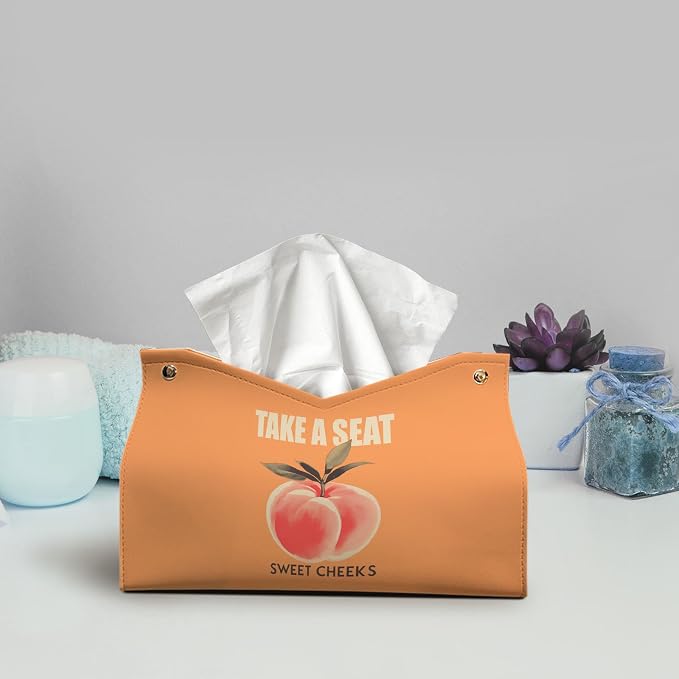 Funny Peach Tissue Box Cover Rectangle, Take A Seat Sweet Cheeks PU Facial - Image 2