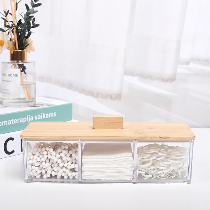 Wood Qtip Holder 3 Compartments Cotton Ball and Swab Holder Organizer - Image 7