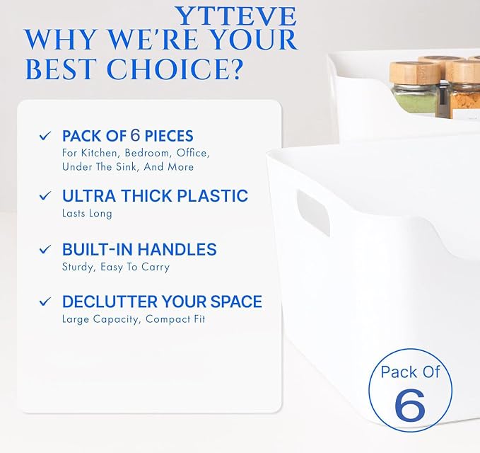 Ytteve 6-Pack Mixed Size White Plastic Storage Bins – Includes 2 Large & 4 - Image 4