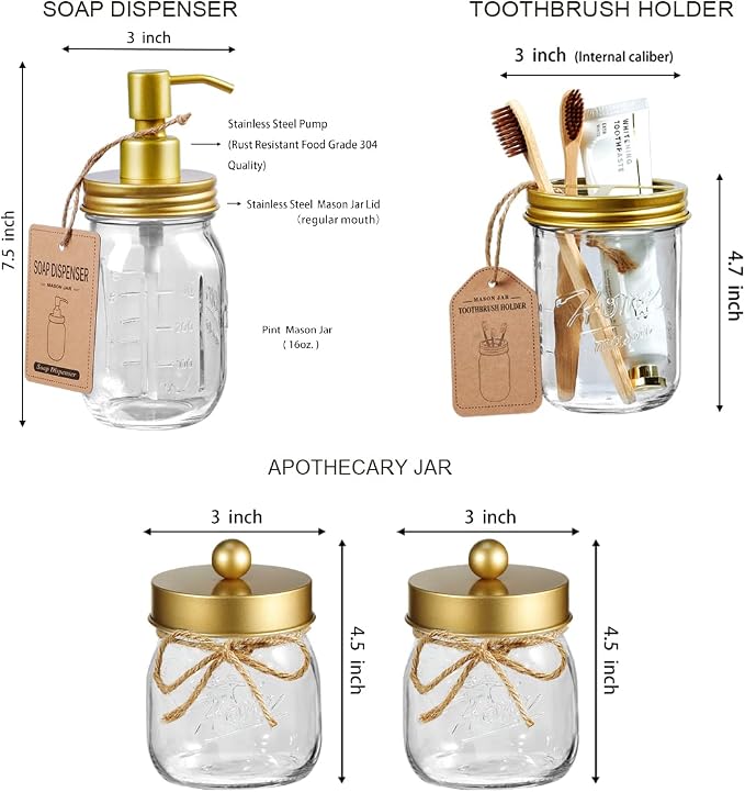 SheeChung 6Pcs Mason Jars Bathroom Accessories Set Complete - Image 5