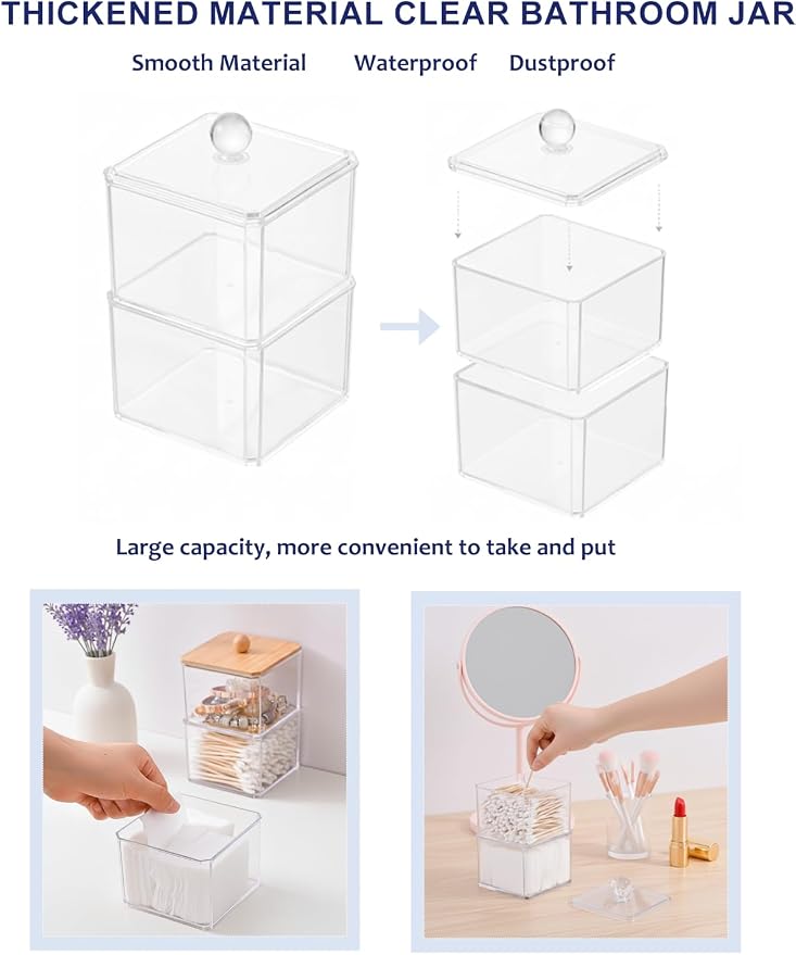 Cotton Swab Holder with Plastic Lid, Double Layer Stackable Bathroom Organizer - Image 2
