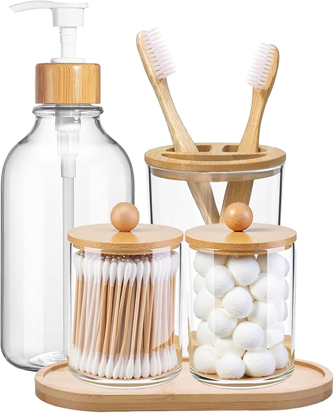 5 Pack Bamboo Bathroom Accessories Set by KIUSOWAYD