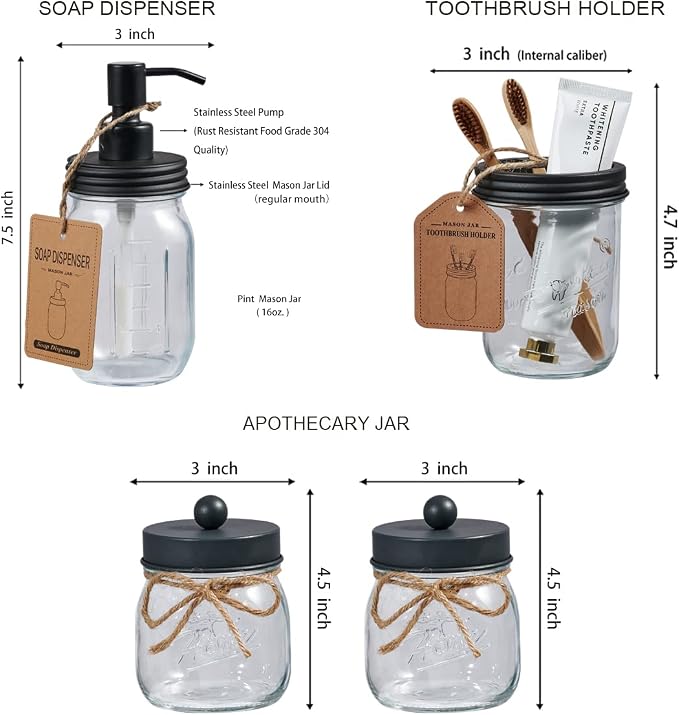 SheeChung 6Pcs Mason Jars Bathroom Accessories Set - Image 3