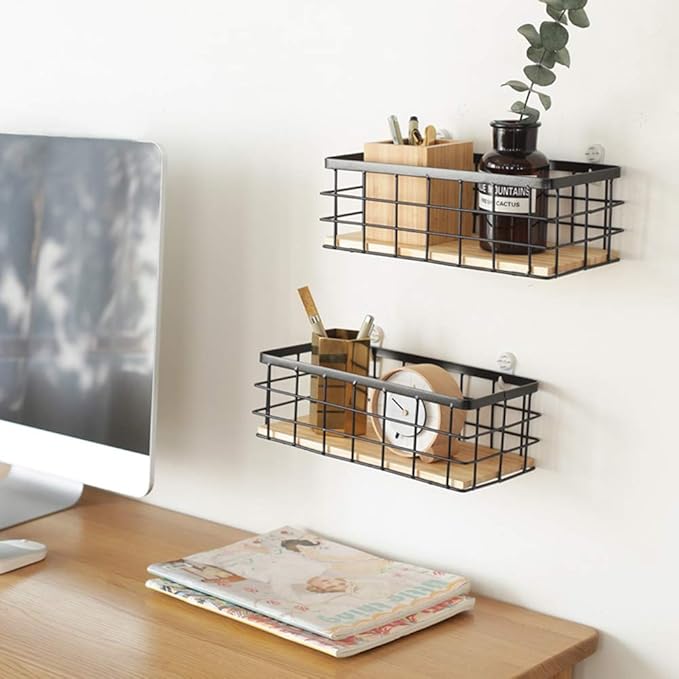TIEYIPIN Small Metal Wire Storage Basket, Detachable Wood Base Storage - Image 5