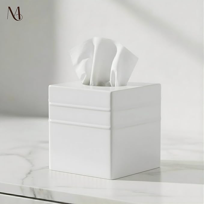 Monarch Abode Tissue Box Cover Square – Handcrafted Border Embossed White Metal - Image 5