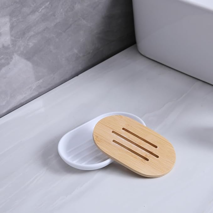 Matte White Bathroom Accessories Set 7 Pcs, Bamboo Bathroom Accessories Sets - Image 6