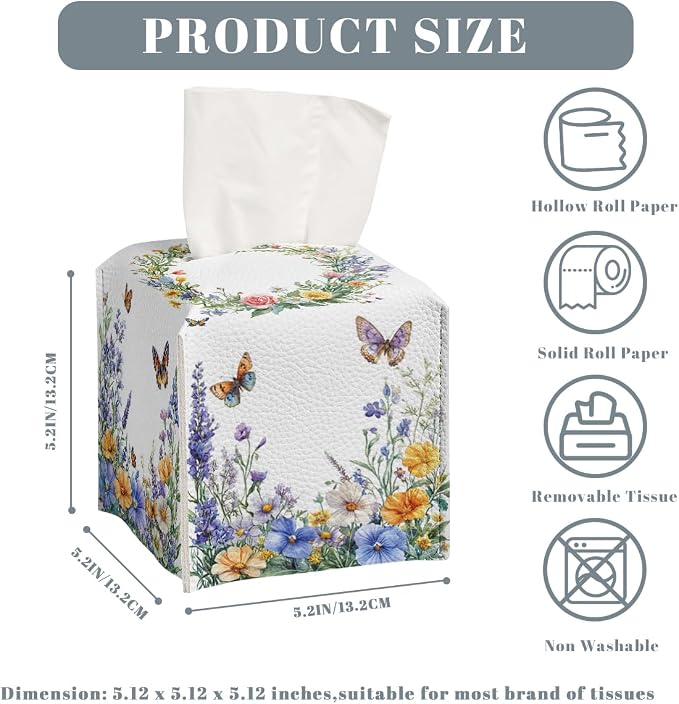 Wildflower Tissue Box Cover Colorful Spring Butterfly Garden Leather Tissue Box - Image 3