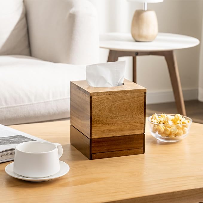 MyGift Premium Dual Tone Solid Acacia Wood Square Bathroom Facial Tissue Box - Image 3