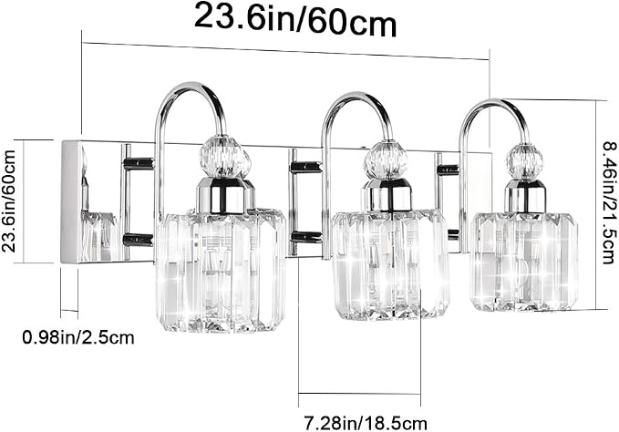 Ralbay Modern LED Crystal Bathroom Vanity Lights 3-Lights Stainless Steel - Image 7