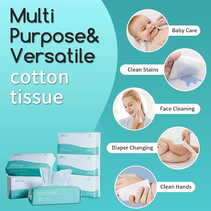 Saraflora 100% Cotton Facial Tissue Soft Dry Wipe 6 Pack, Use - Image 6