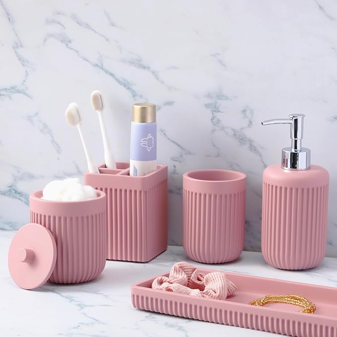 Resin Pink Bathroom Accessories Set 5 Pcs, Lotion Soap Dispenser, Toothbrush by BetterbathroomwithXLHOME