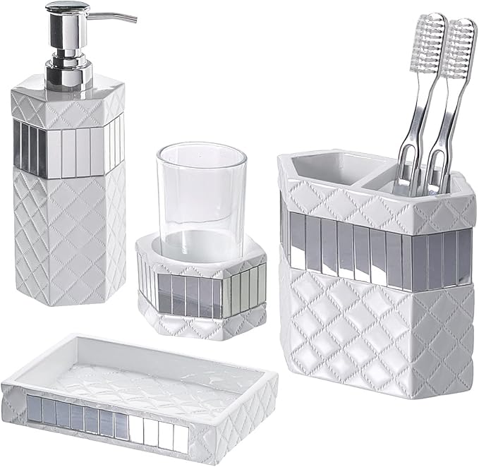 Creative Scents Quilted Mirror White Bathroom Accessories Set - Image 8
