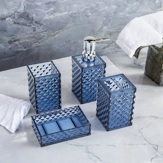 Blue Bathroom Accessories Set, Diamond Pattern Bathroom Soap Dispenser and - Image 3