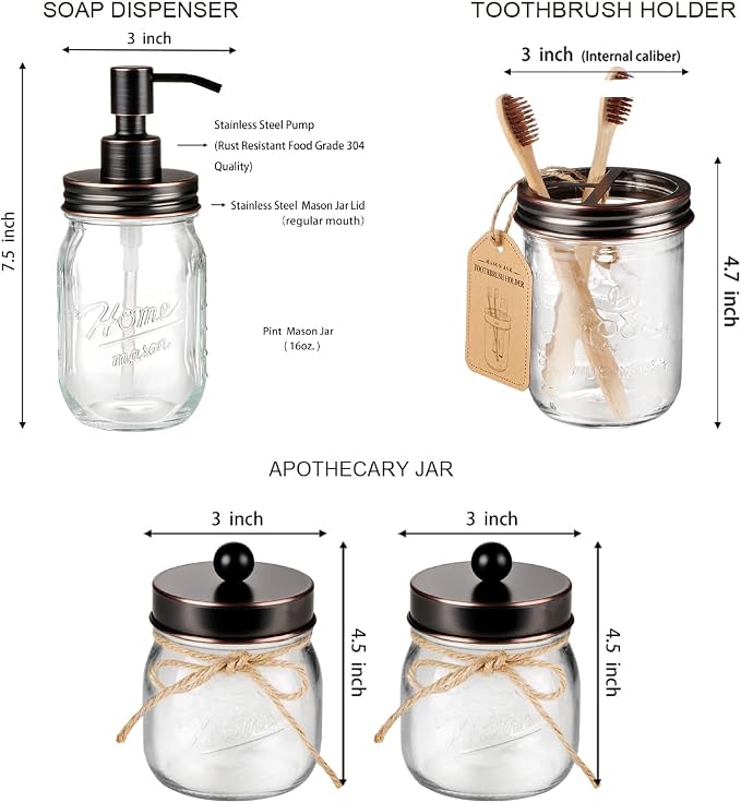 Amolliar Mason Jar Bathroom Accessories Set 4 Pcs -Lotion Soap Dispenser & 2 - Image 7