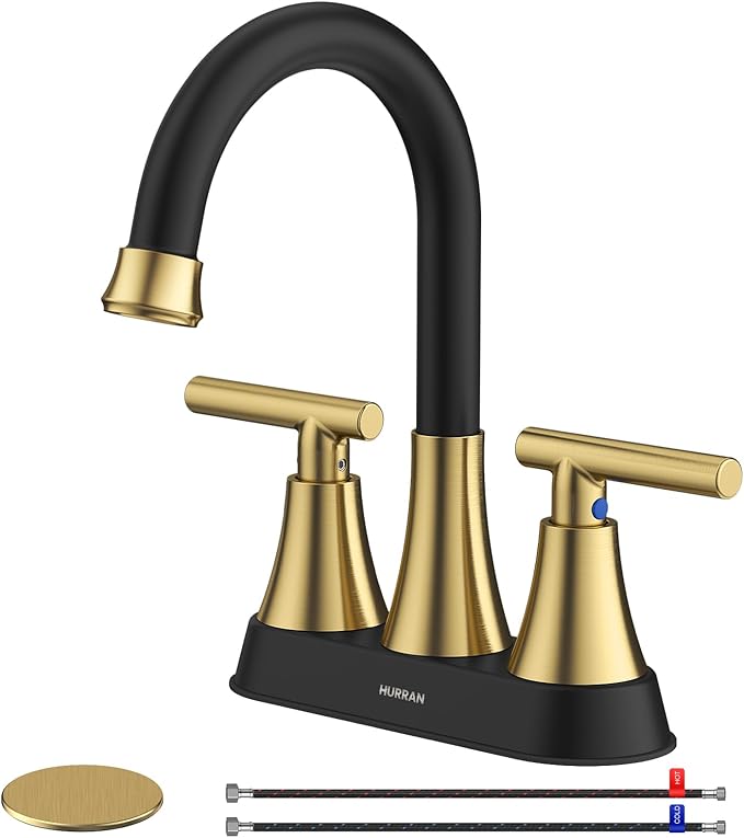 Bathroom Faucets for Sink 3 Hole, Hurran 4 inch Black and Gold Bathroom Sink by Hurran
