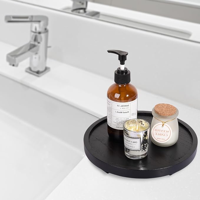 Round Decorative Tray Wood Bathroom Counter Organizer Farmhouse Kitchen Decor - Image 5