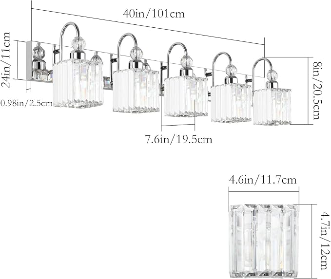 Ralbay Chrome Crystal Vanity Lights 5-Lights 40'' Modern Crystal Bathroom Light - Image 5