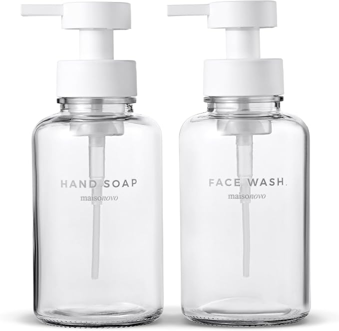 MaisoNovo Glass Foaming Soap Dispenser 14 Oz | Clear Glass White Plastic Pumps by MaisoNovo-TheArtofSustainableLiving