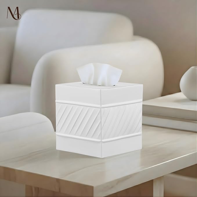 Monarch Abode Tissue Box Cover Square – Handcrafted Wave Embossed White Metal - Image 4