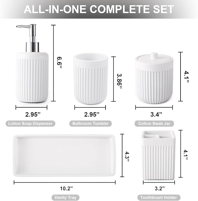 Resin White Bathroom Accessories Set 5 Pcs, Lotion Soap Dispenser, Toothbrush - Image 2